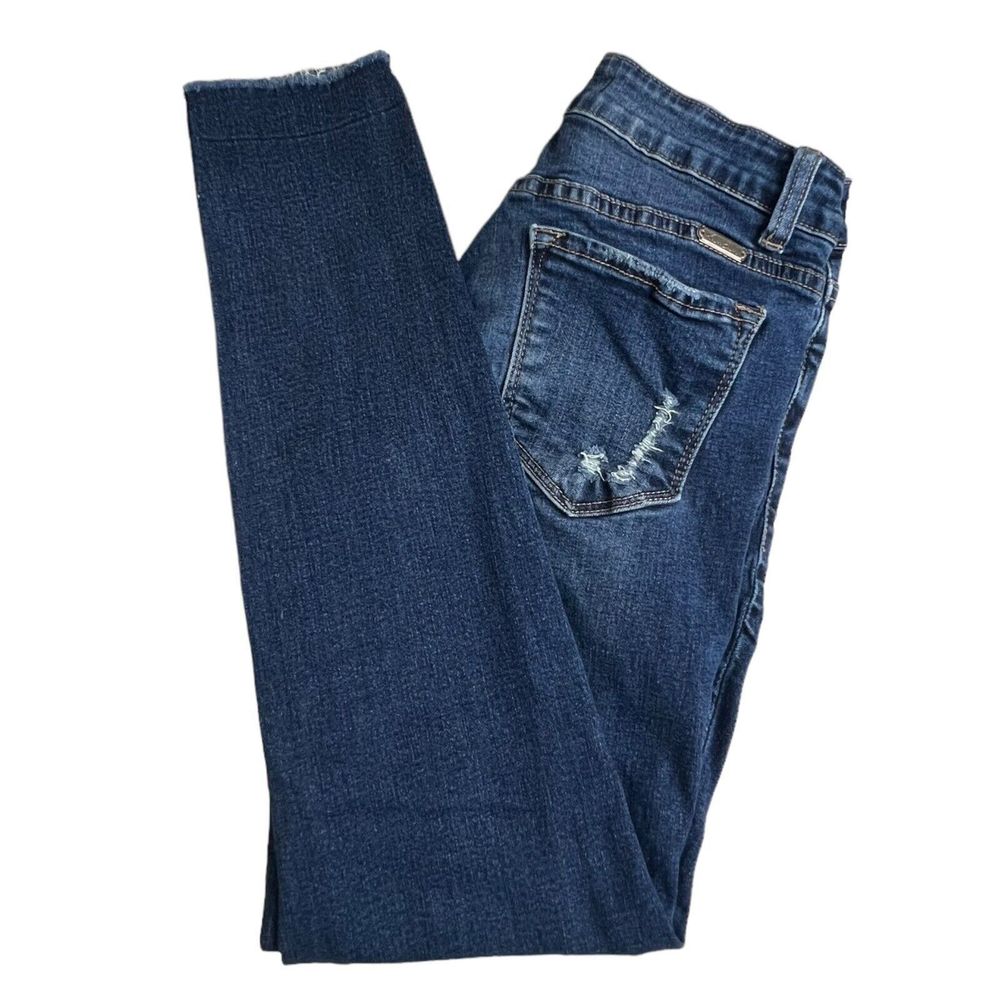 KanCan Womens Dark Wash Low Rise Distressed Raw‎ Hem Skinny Jeans 25